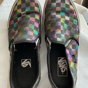 Vans Slip-On Checkerboard Sneakers - Black with Iridescent Multi